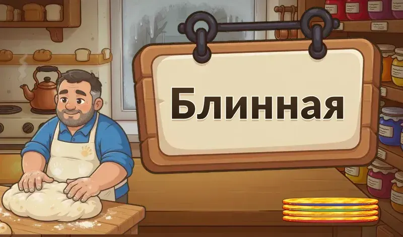 Блинная: стойка со стопками разноцветной выпечки