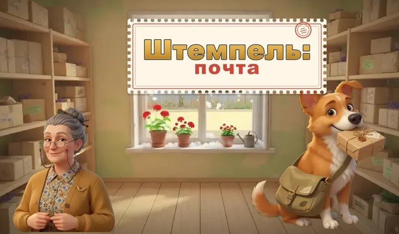 Штемпель: почтовый склад, посылки-коробки у окон выдачи