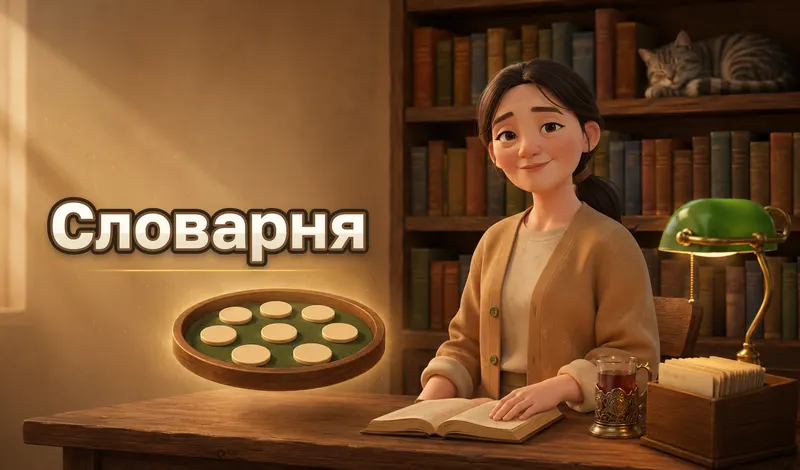 Словарня: круг из букв и раскрытая страница словаря