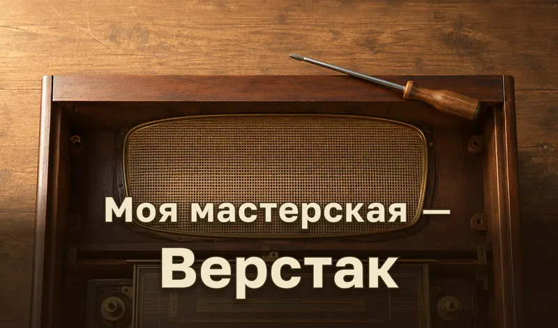Разобранная радиола на верстаке, латунные винты и три коробки